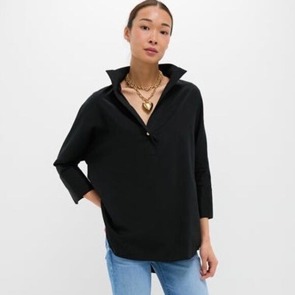 TUCKERNUCK Black Willow Blouse 3/4 Sleeves Stand Collar Cotton Poplin Top Large - Picture 1 of 11